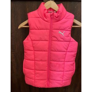 Bright Pink Puma Puffer Vest Girls Size 7/8 Silver Logo Zip Up